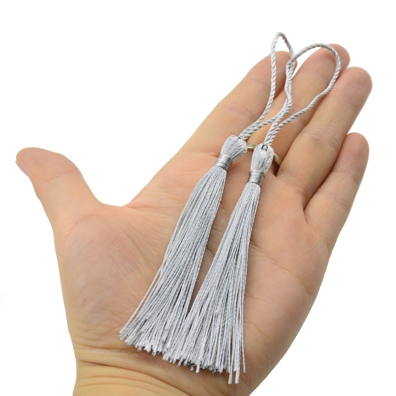 Makhry 100pcs 13cm/5 Inch Silky Floss Bookmark Tassels with 2-Inch Cord Loop and Small Chinese Knot for Jewelry Making, Souvenir, Bookmarks, DIY Craft Accessory (Silver) - Image 4